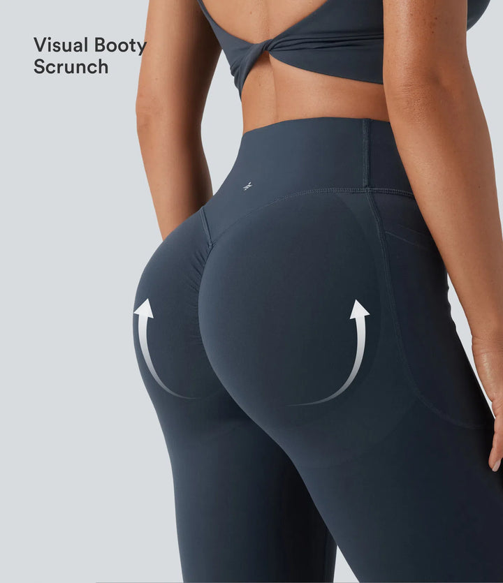 Halara UltraSculpt legginsy do jogi z wysokim stanem, marszczonym tyłem unoszącym pośladki, modelujące brzuch, z rozkloszowanymi nogawkami i kieszeniami