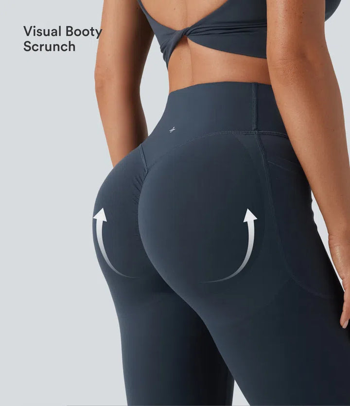 Halara UltraSculpt legginsy do jogi z wysokim stanem, marszczonym tyłem unoszącym pośladki, modelujące brzuch, z rozkloszowanymi nogawkami i kieszeniami