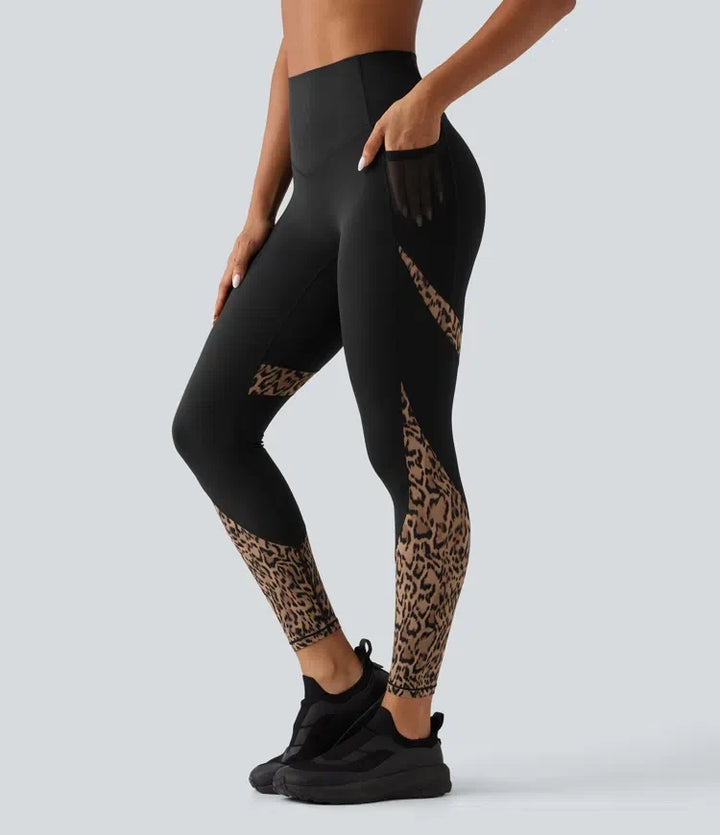 Z wysokim stanem skinny kontrastowa siateczka w panterkę kolor block legginsy do jogi z kieszeniami