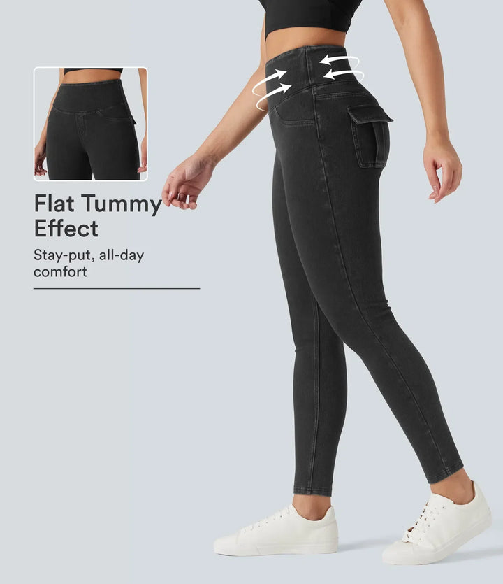 Milejka Flex z wysokim stanem modelujące brzuch denimowe legginsy na co dzień z kieszeniami