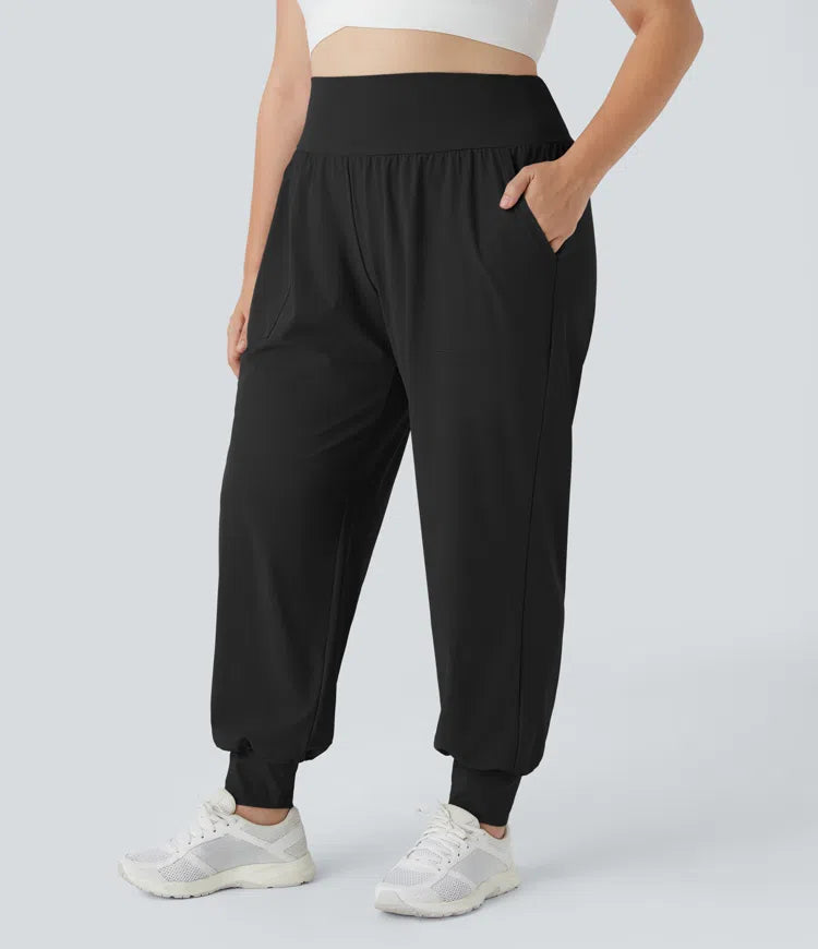 Joggery do jogi z wysokim stanem, w jednolitym kolorze, z kieszeniami, w rozmiarze plus