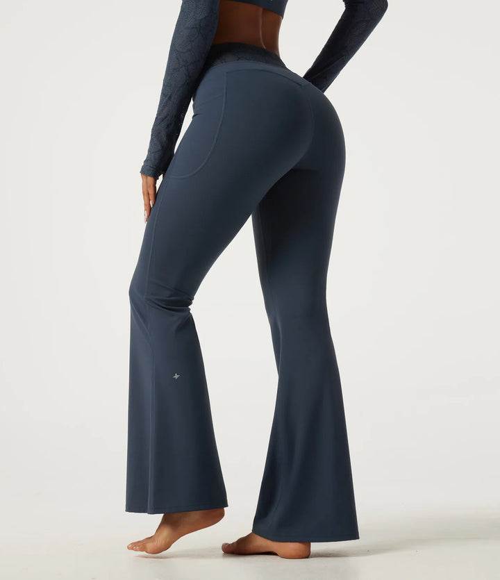 Halara UltraSculpt legginsy do jogi o średnim stanie z wiązaniem w pasie, kontrastową koronką, rozszerzanymi nogawkami i kieszeniami