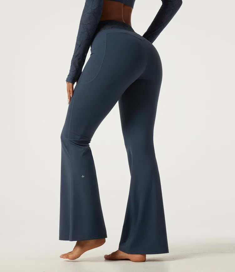 Halara UltraSculpt legginsy do jogi o średnim stanie z wiązaniem w pasie, kontrastową koronką, rozszerzanymi nogawkami i kieszeniami