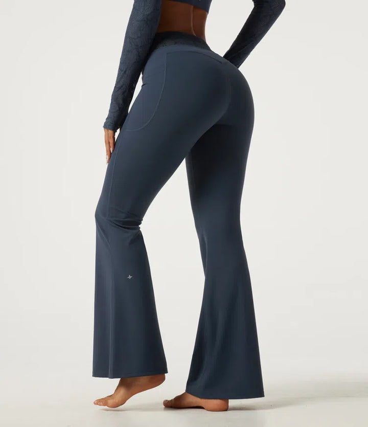 Halara UltraSculpt legginsy do jogi o średnim stanie z wiązaniem w pasie, kontrastową koronką, rozszerzanymi nogawkami i kieszeniami