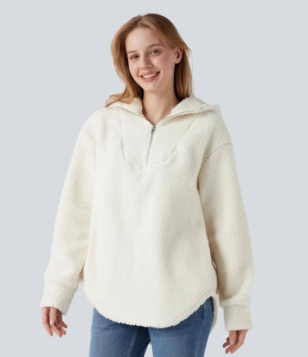 Z kapturem połowa zamek z zaokrąglonym dołem oversize na co dzień sherpa bluza z kieszeniami