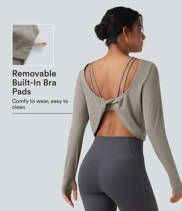 SoftlyZero QuickDry z odkrytymi plecami skręcany tył z długim rękawem z otworami na kciuki 2-in-1 joga top sportowy