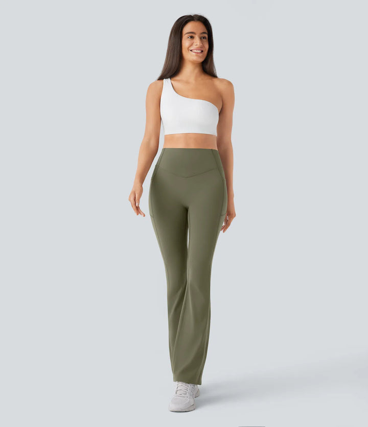 Halara UltraSculpt legginsy do jogi bootcut z wysokim stanem, marszczeniem podnoszącym pośladki, modelowaniem brzucha, modelujące sylwetkę, z kieszeniami.