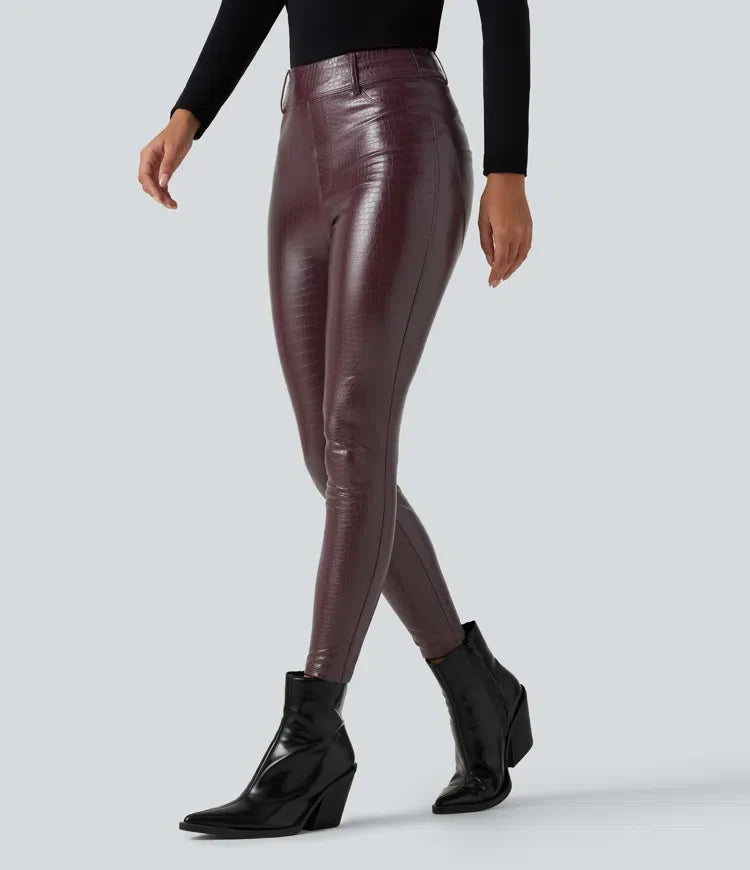 Z wysokim stanem wzór skóry węża print elastyczny PU polarowy legginsy na co dzień z kieszeniami