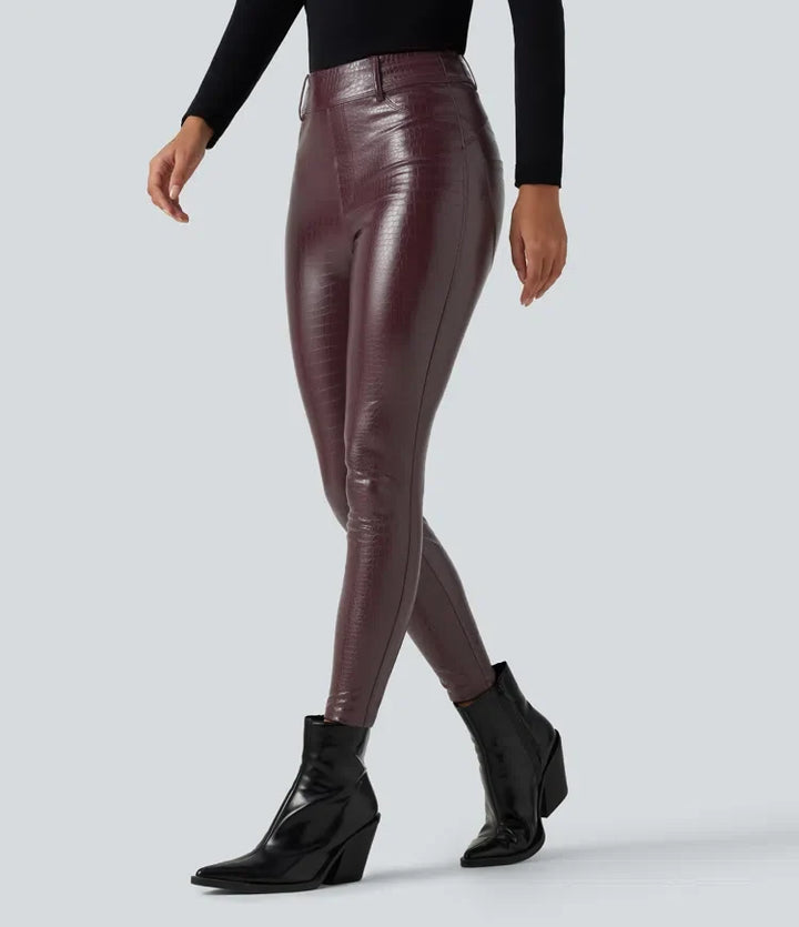Z wysokim stanem wzór skóry węża print elastyczny PU polarowy legginsy na co dzień z kieszeniami