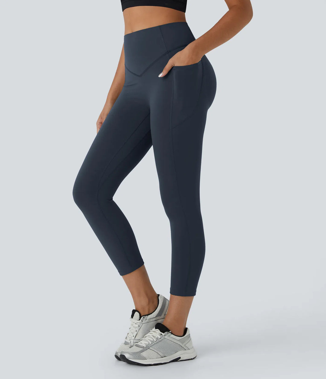 Halara UltraSculpt capri legginsy treningowe z wysokim stanem, marszczonym tyłem unoszącym pośladki, modelujące brzuch, z kieszenią
