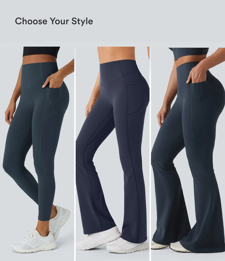 Halara UltraSculpt legginsy do jogi z wysokim stanem, marszczonym tyłem unoszącym pośladki, modelujące brzuch, z rozkloszowanymi nogawkami i kieszeniami