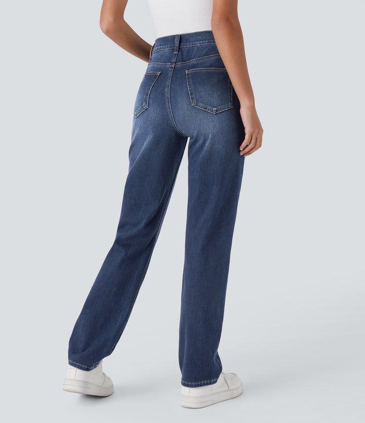 Halara Flex jeansy bootcut z wysokim stanem i modelującym efektem na brzuch, w pranym wykończeniu, casualowe, z kieszeniami