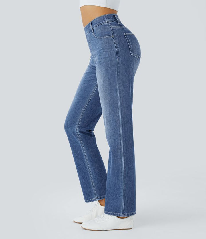 Halara Flex jeansy bootcut z wysokim stanem i modelującym efektem na brzuch, w pranym wykończeniu, casualowe, z kieszeniami