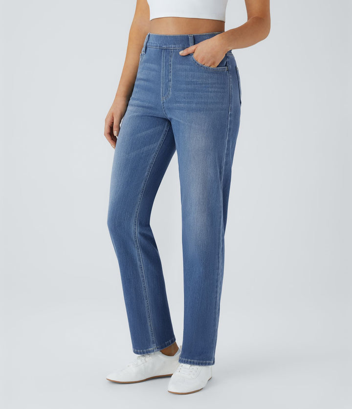 Halara Flex jeansy bootcut z wysokim stanem i modelującym efektem na brzuch, w pranym wykończeniu, casualowe, z kieszeniami
