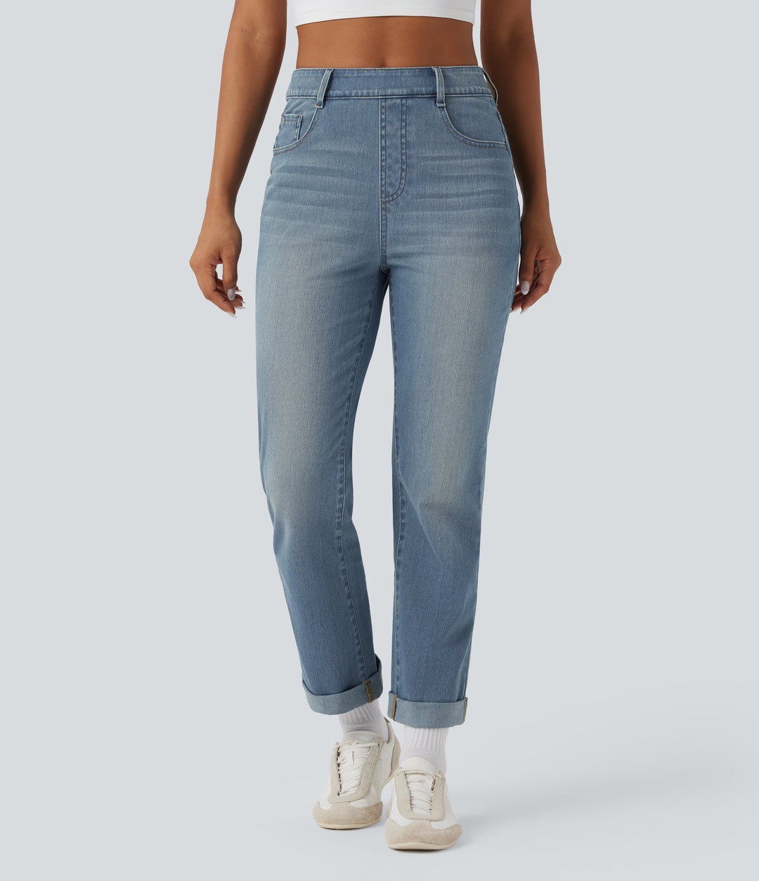 Halara Flex jeansy bootcut z wysokim stanem i modelującym efektem na brzuch, w pranym wykończeniu, casualowe, z kieszeniami