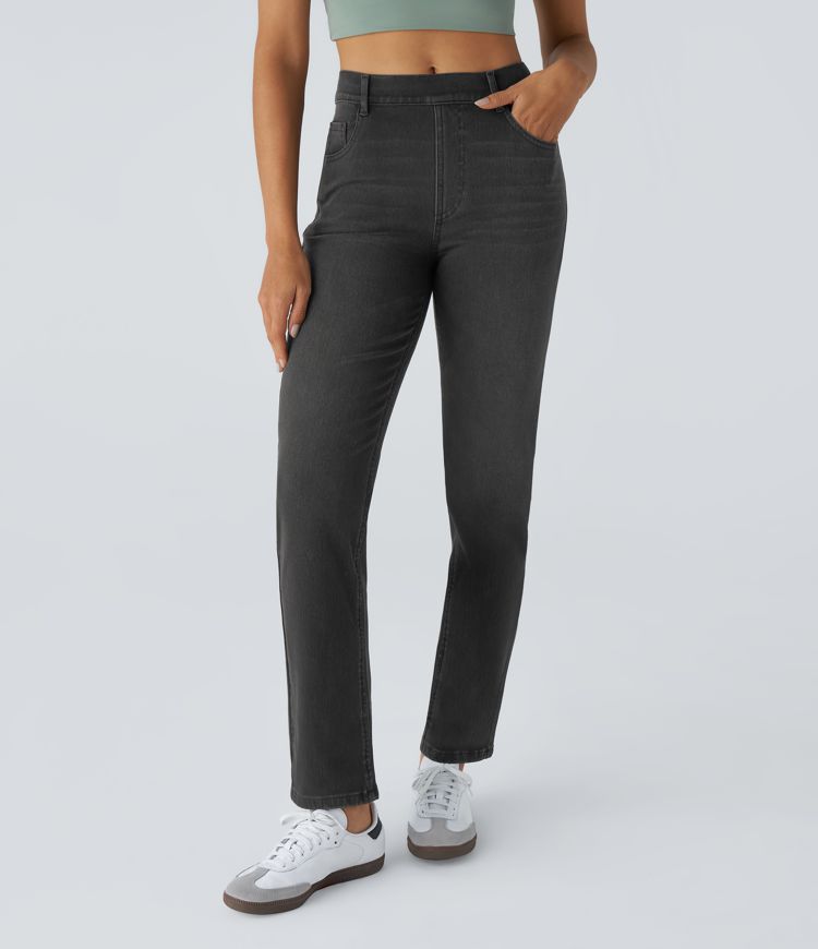 Halara Flex jeansy bootcut z wysokim stanem i modelującym efektem na brzuch, w pranym wykończeniu, casualowe, z kieszeniami