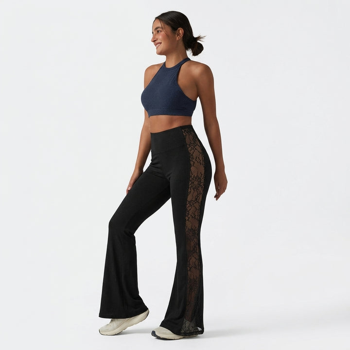 Halara UltraSculpt legginsy do jogi z wysokim stanem, modelującym efektem na brzuch, kontrastową koronką, rozkloszowanymi nogawkami i kieszeniami