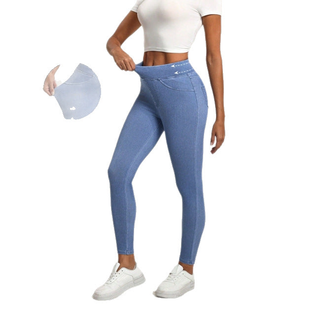 Halara Flex wysokie legginsy w stylu jeansowym (denim), modelujące brzuch, z kieszeniami