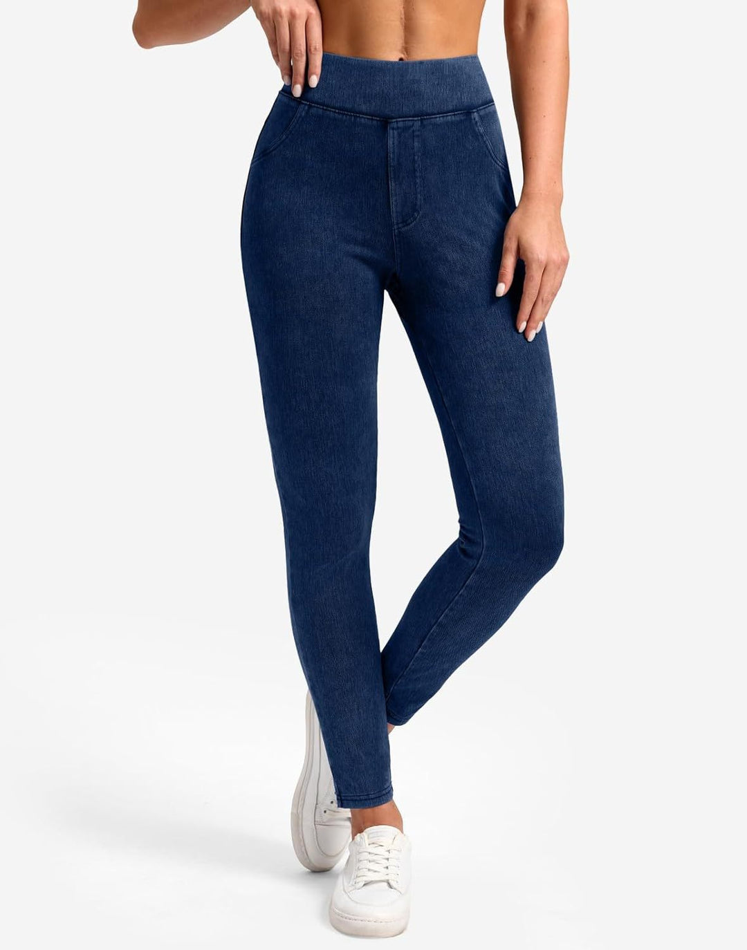 Halara Flex wysokie legginsy w stylu jeansowym (denim), modelujące brzuch, z kieszeniami