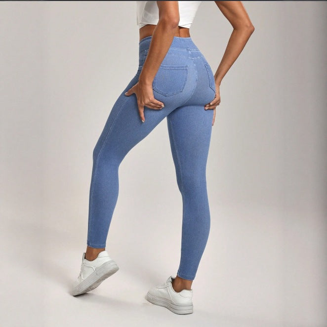 Halara Flex wysokie legginsy w stylu jeansowym (denim), modelujące brzuch, z kieszeniami